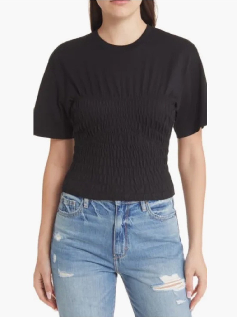 NWT Frame Black 100% Organic Cotton Smocked Corset Short Sleeve Top Sz. XS